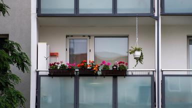 Auf dem Balkon eines Mietshauses in Berlin stehen Blumen. 