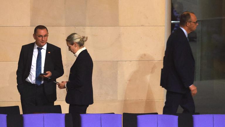 Friedrich Merz geht an Alice Weidel und Tino Crupalla vorbei.