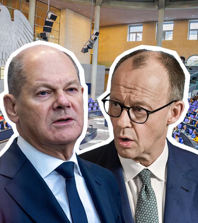 Scholz und Merz, im Hintergund das Parlament