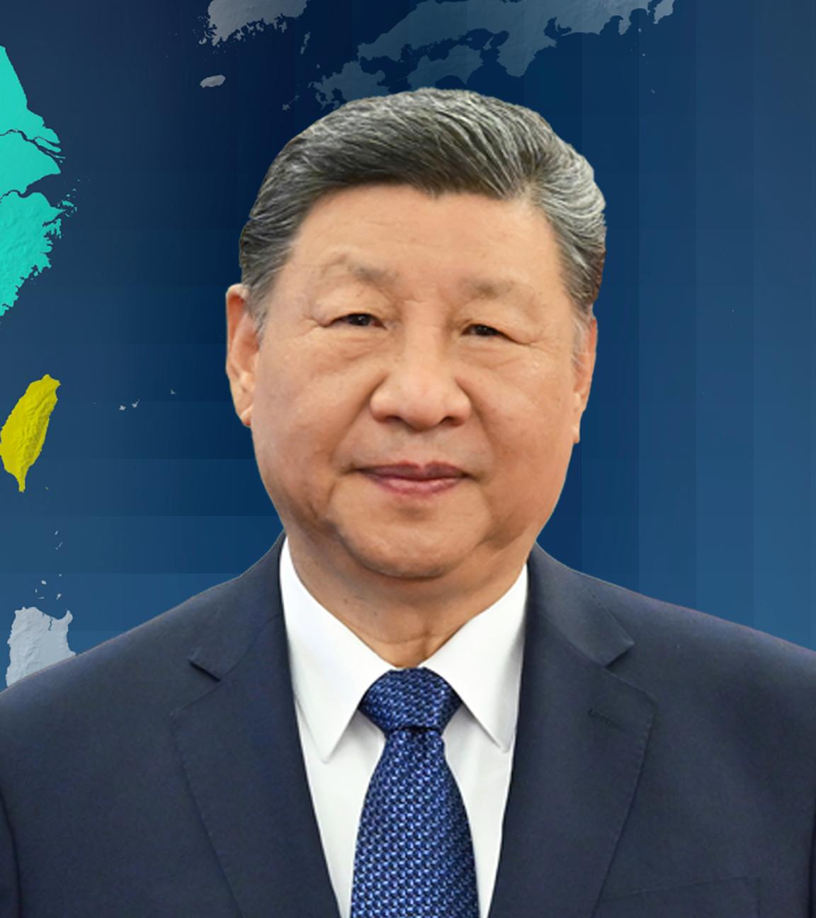 der chinesische Präsident Xi Jinping vor einer Karte von China und Taiwan