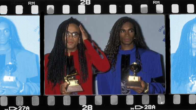 Die Mitglieder des Discopop-Duos "Milli Vanilli" Fab Morvan und Rob Pilatus bei den Grammys 1990.