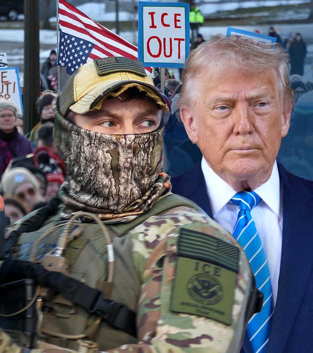 Trump und ein ICE-Agent vor einem Bild von den Protesten in Minneapolis