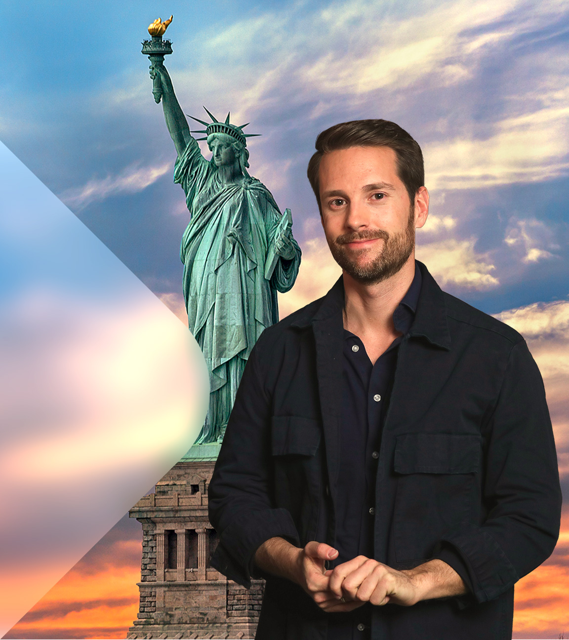 Mirko Drotschmann vor Freiheitsstatue (Collage)