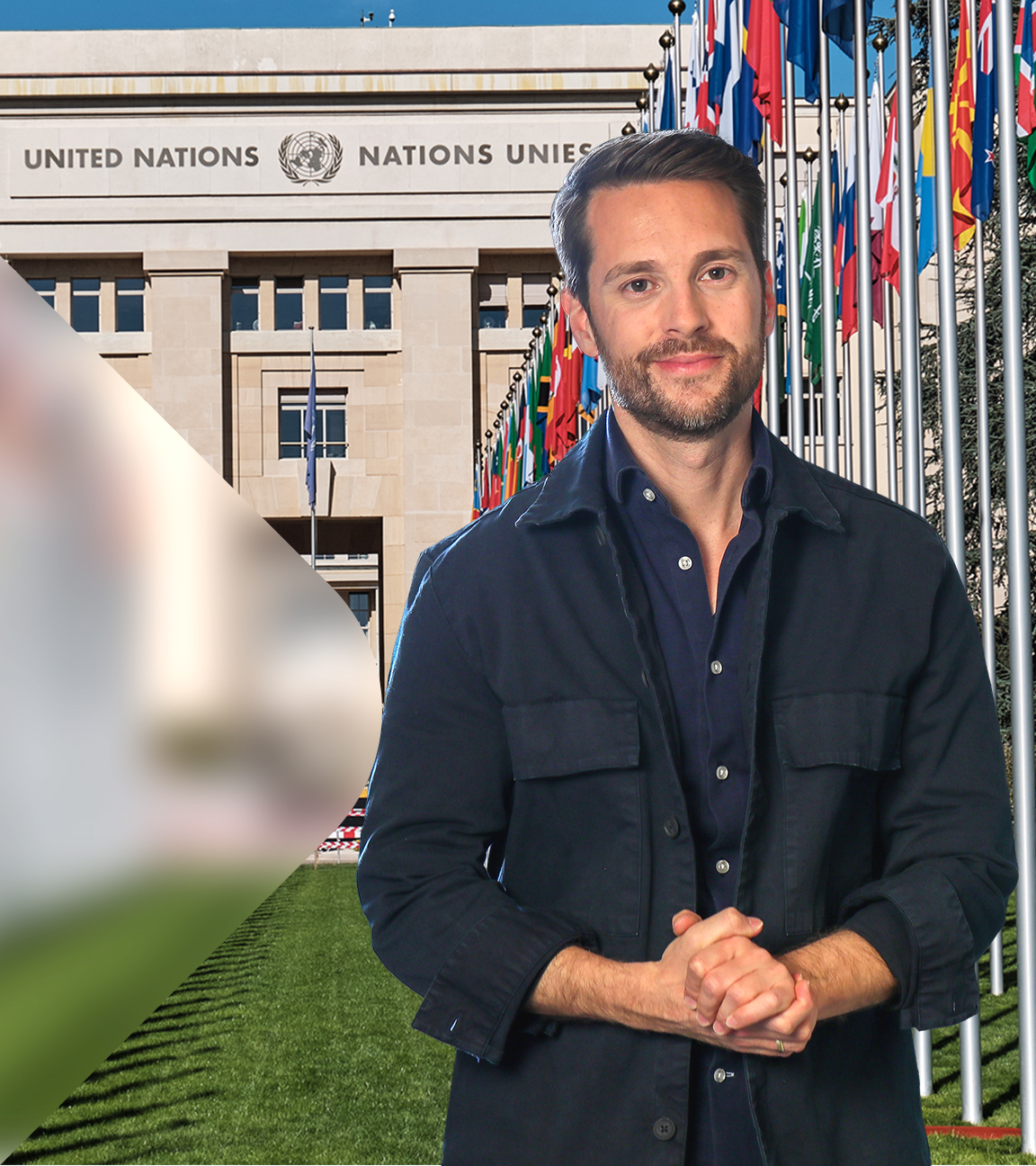Mirko Drotschmann vor dem Gebäude der Unitede Nations (Collage)