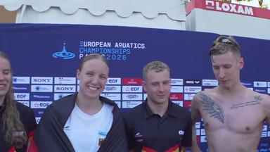 Julia Ackermann, Isabel Gose, Oliver Klemet und Florian Wellbrock im Siegerinterview nach EM-Gold