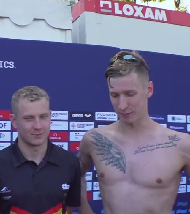Julia Ackermann, Isabel Gose, Oliver Klemet und Florian Wellbrock im Siegerinterview nach EM-Gold