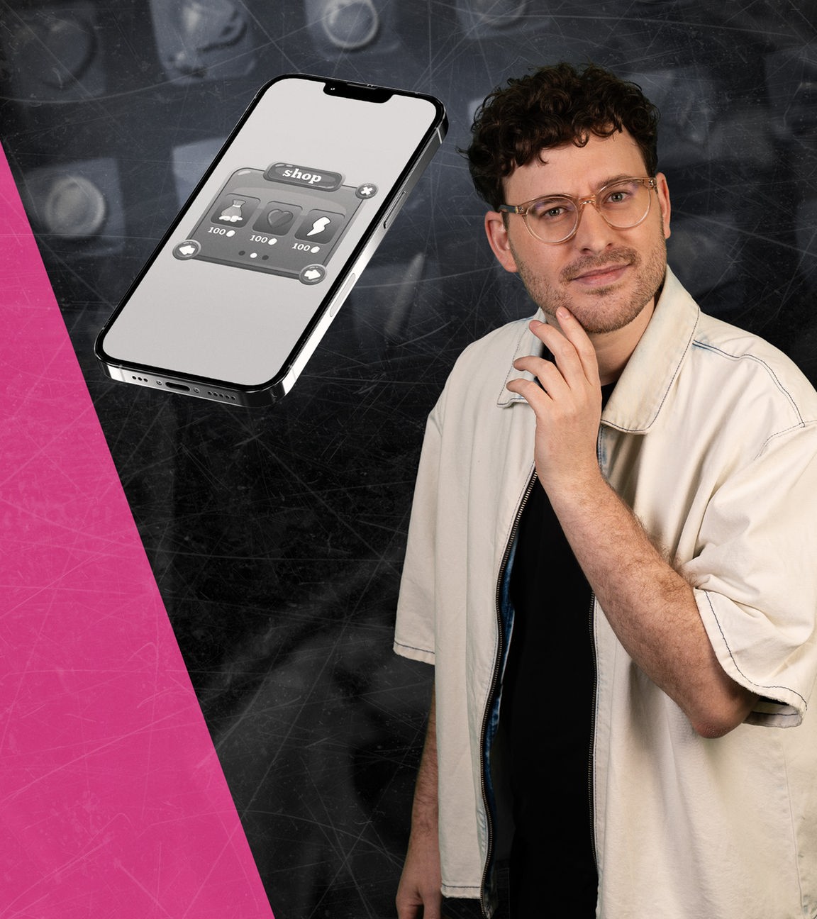 Max Humpert taucht in die Welt der Mobile Games ein. Er schaut fragend in die Kamera. Mittig schwebt das Bild eines Smartphones, auf dessen Bildschirm ein Pop-Up-Fenster mit der Aufschrift "shop" zu sehen ist. Im Hintergrund das WISO-Logo.