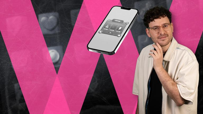 Max Humpert taucht in die Welt der Mobile Games ein. Er schaut fragend in die Kamera. Mittig schwebt das Bild eines Smartphones, auf dessen Bildschirm ein Pop-Up-Fenster mit der Aufschrift "shop" zu sehen ist. Im Hintergrund das WISO-Logo.