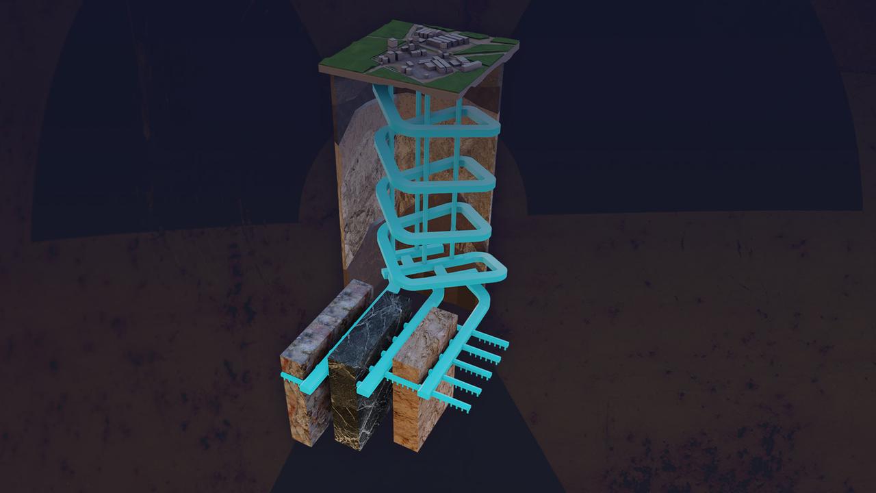 Auf dem Foto ist ein Modell eines Atomendlagers zu sehen. In dieser Art wird es gerade in Finnland gebaut. Es zeigt ein komplexes System an Gängen und Schichten tief unter der Erde.