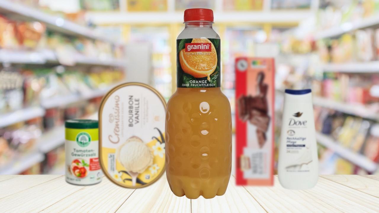 Die Kandidaten zur Wahl der Mogelpackung des Jahres 2024: Lebensbaum Tomaten-Gewürzsalz von Ulrich Walter, Cremissimo Bourbon Vanille von Unilever, Granini Trinkgenuss Orange von Eckes-Granini, Biscotto Waffelblättchen von Aldi Nord, Dove Duschcreme von Unilever