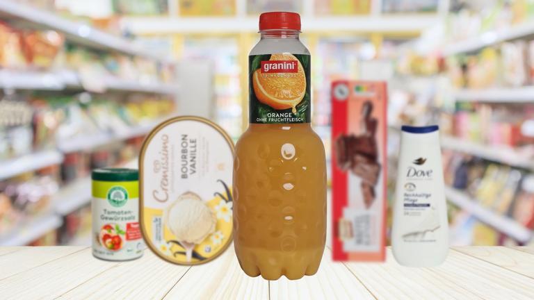 Die Kandidaten zur Wahl der Mogelpackung des Jahres 2024: Lebensbaum Tomaten-Gewürzsalz von Ulrich Walter, Cremissimo Bourbon Vanille von Unilever, Granini Trinkgenuss Orange von Eckes-Granini, Biscotto Waffelblättchen von Aldi Nord, Dove Duschcreme von Unilever