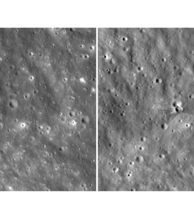 Diese Bildkombination, aus von der NASA zur Verfügung gestellten Aufnahmen des Lunar Reconnaissance Orbiter zusammengestellt wurde, zeigt Bilder eines frischen Kraters auf dem Mond vor (l) und nach (r) dem Einschlag einer SpaceX-Raketenstufe .