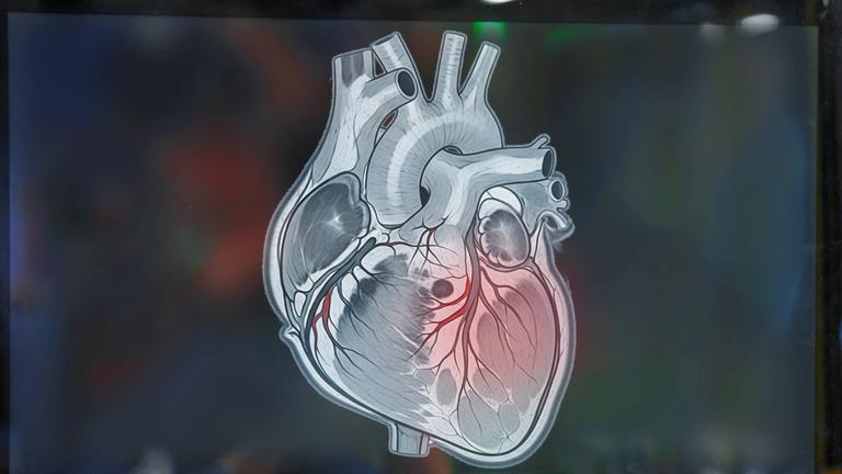 Ein Ultraschall-Monitor zeigt ein Bild vom Herzen mit rot eingefärbter Herzkammer.