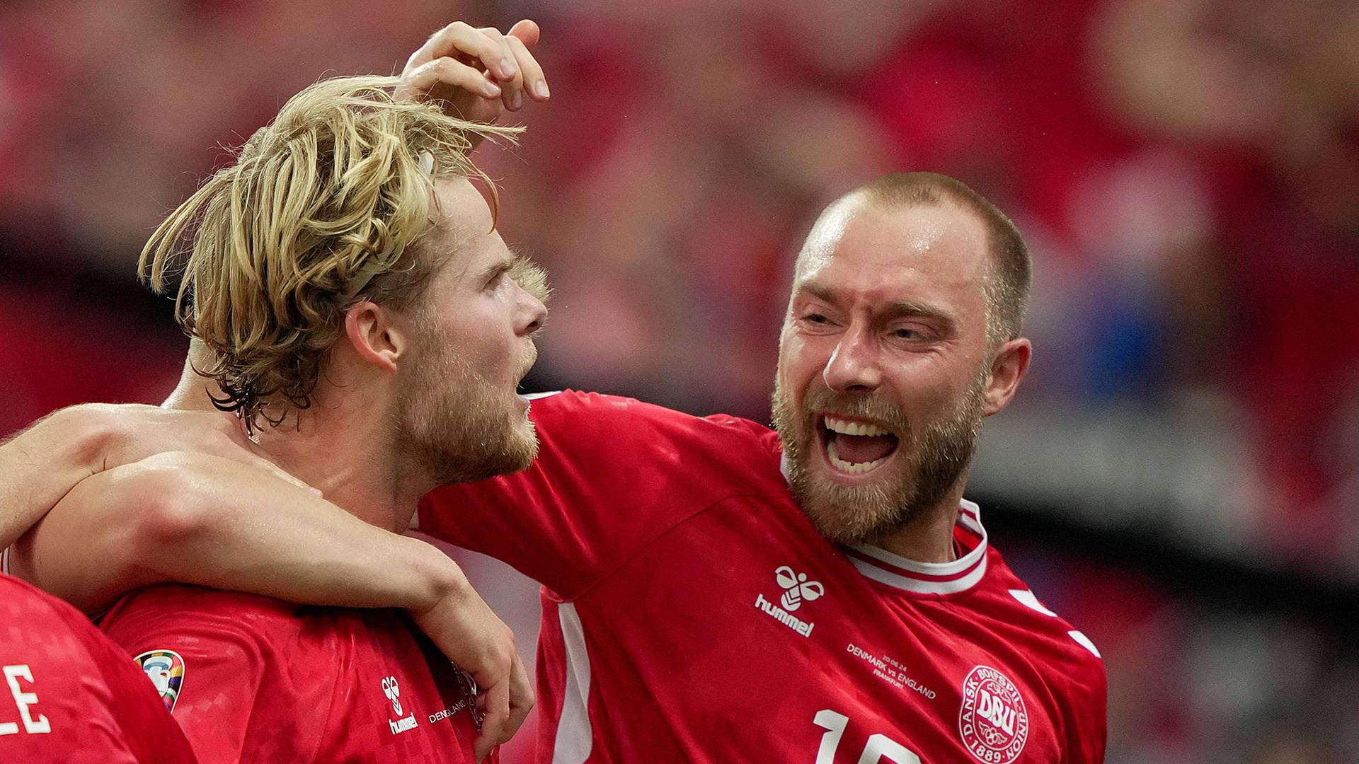 Dänemarks Morten Hjulmand feiert seinen Treffer gegen England