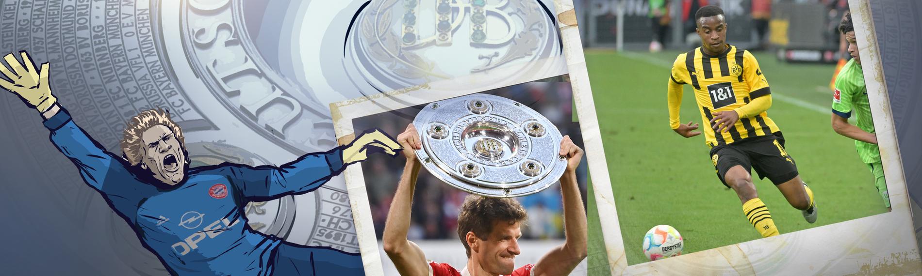Karrikatur von Oliver Kahn vor der gezeichneten Meisterschale. Müller und Moukoko