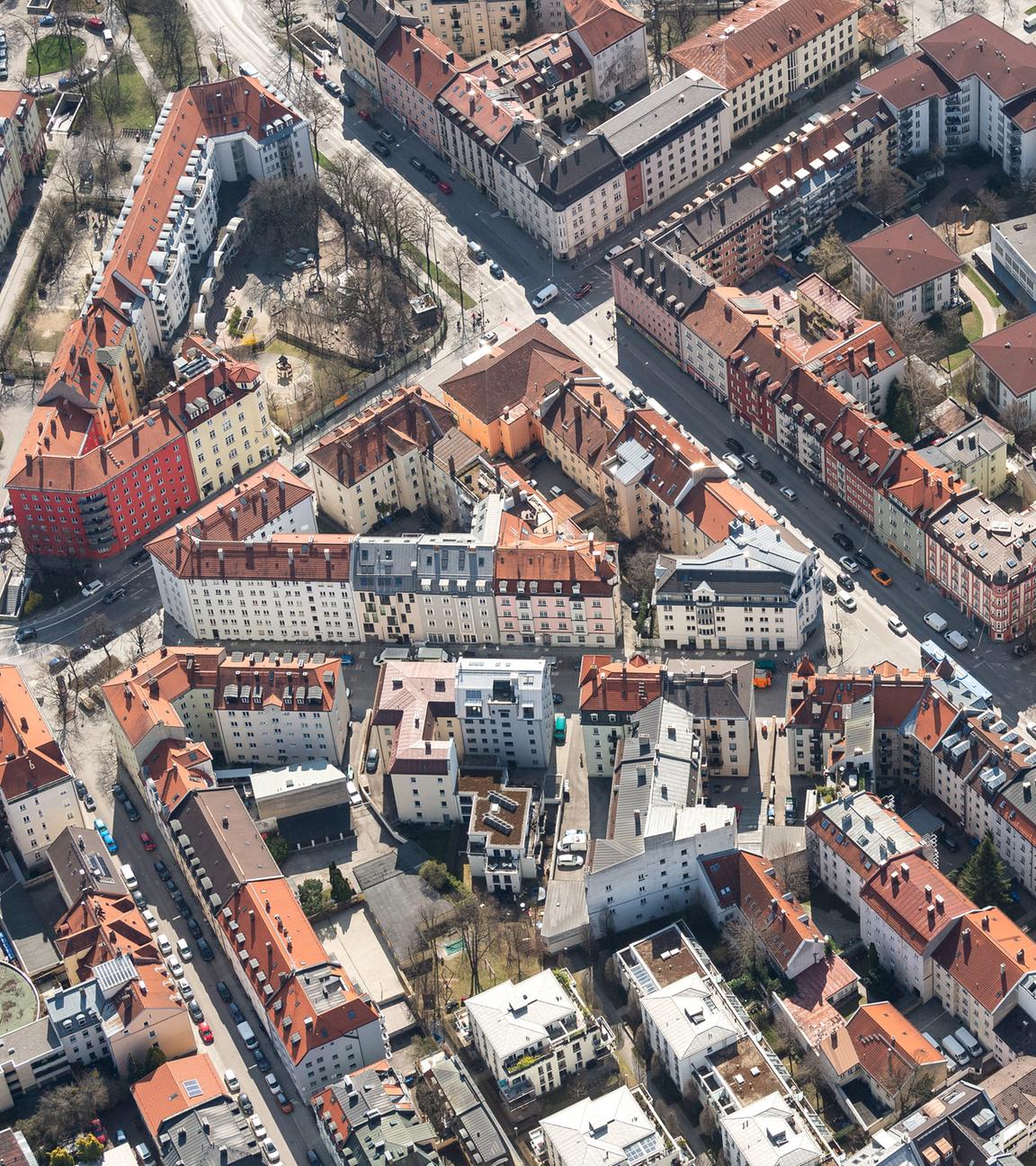 Münchner Stadtviertel aus der Vogelperspektive.