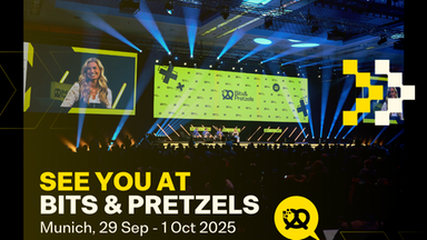 Man erkennt ein Werbebild mit dem Slogan "See you at Bits & Pretzels".