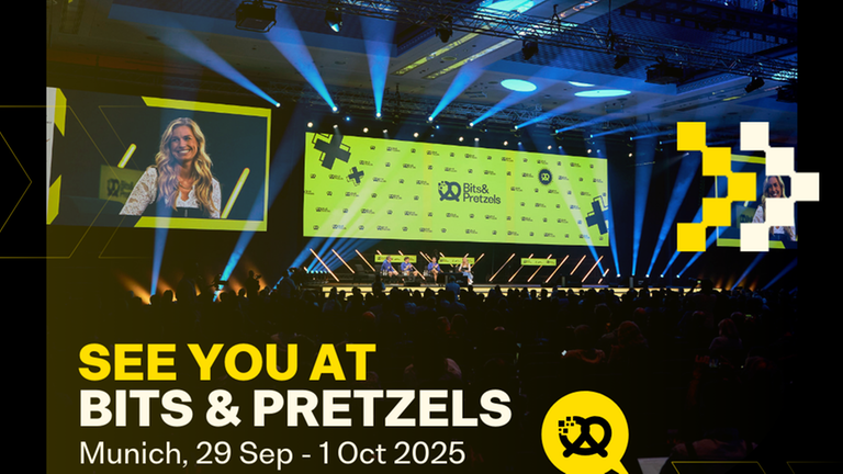 Man erkennt ein Werbebild mit dem Slogan "See you at Bits & Pretzels".