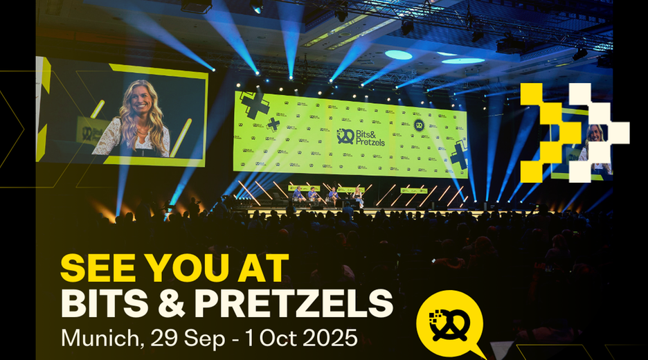 Man erkennt ein Werbebild mit dem Slogan "See you at Bits & Pretzels".