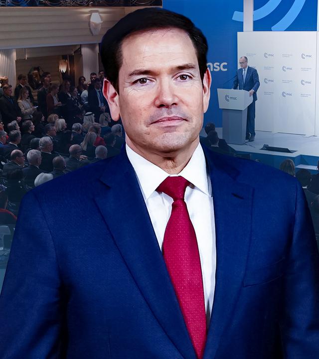 US-Außenminister Marco Rubio im Vordergrund, im Hintergrund ein Ausschnitt von der Rede von Bundeskanzler Merz auf der Münchner Sicherheitskonferenz