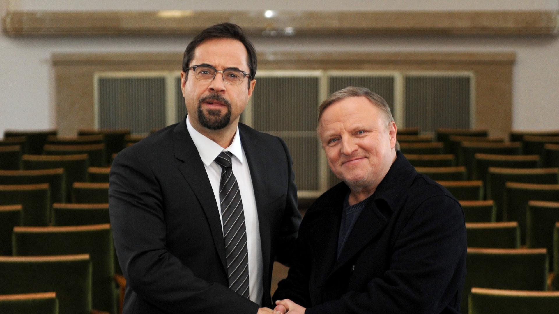 Das "Tatort"-Ermittlerduo aus Münster: Jan Josef Liefers und Axel Prahl.