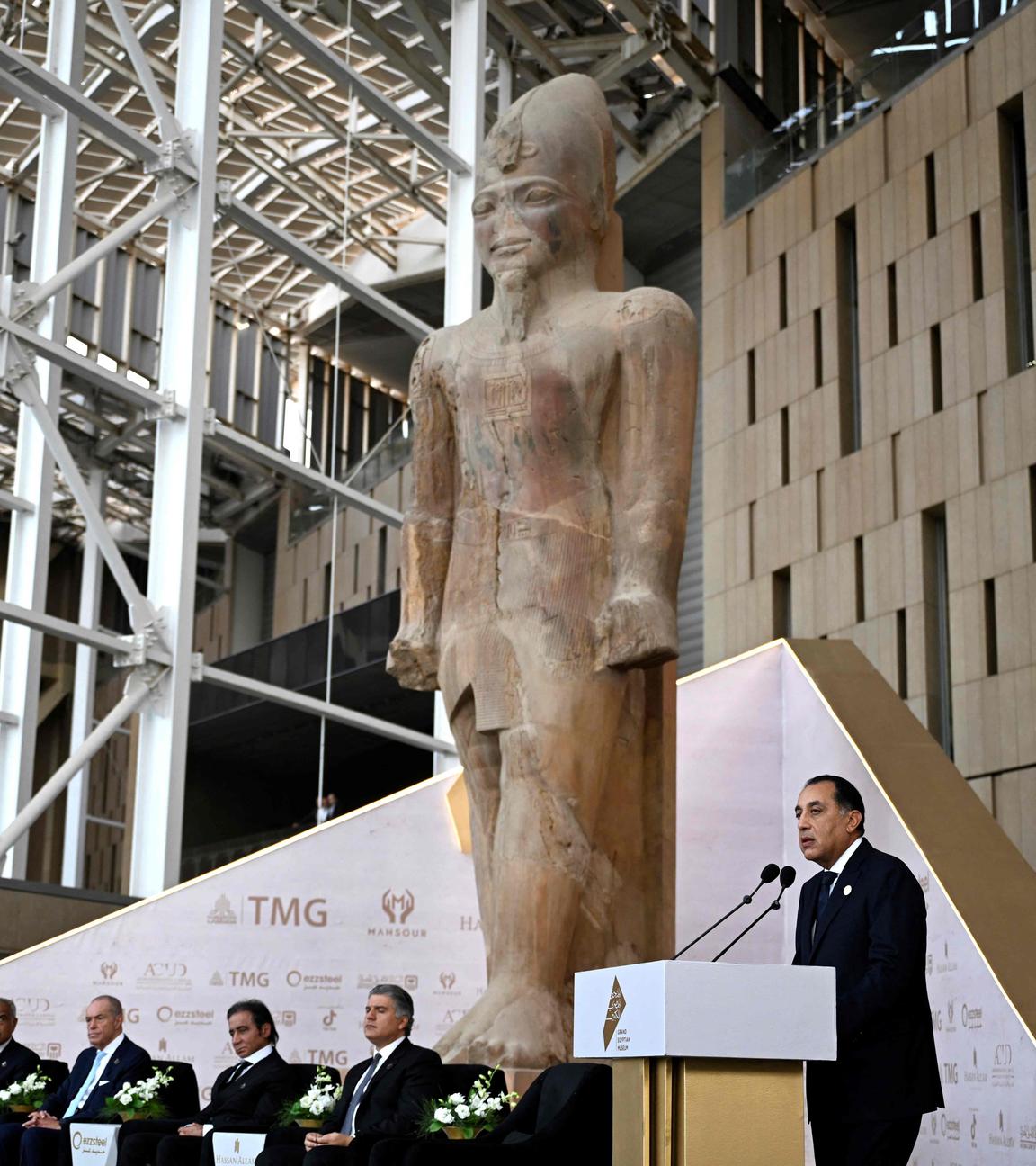Egyptian Prime Minister Mostafa Madbouli, speaks to the press prior to the official opening of the Grand Egyptian Museum.