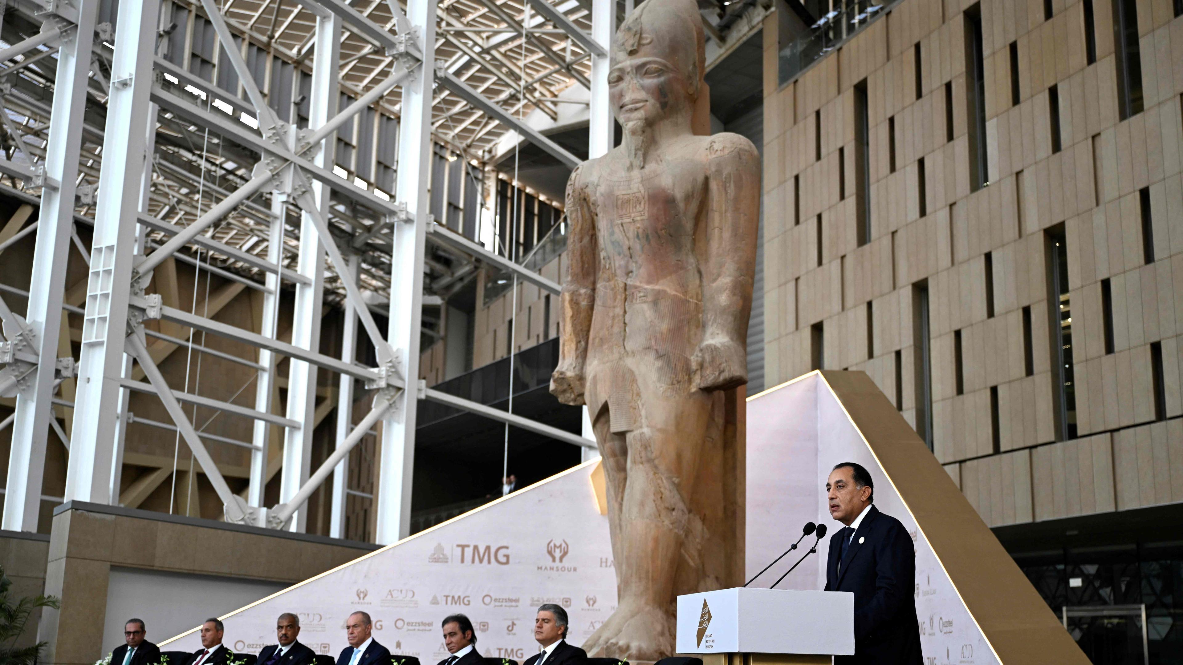 Egyptian Prime Minister Mostafa Madbouli, speaks to the press prior to the official opening of the Grand Egyptian Museum.