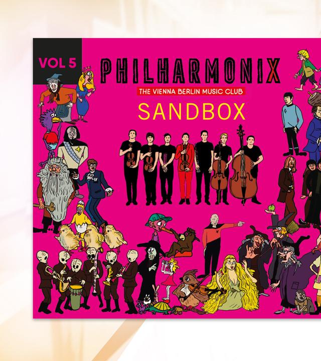 Auf einem pinken Cover sieht man die Illustration des Ensembles umringt von fiktiven Figuren aus der Kinderbuch- und Filmwelt.