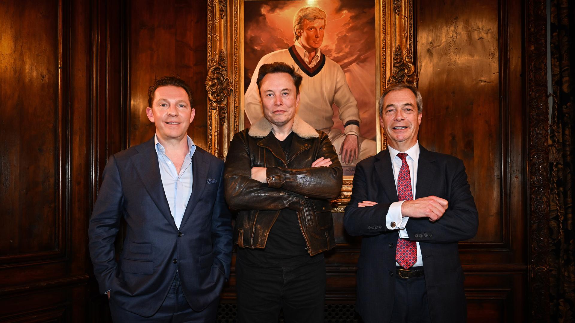 Nick Candy, Elon Musk und Nigel Farage (v.l.n.r.)