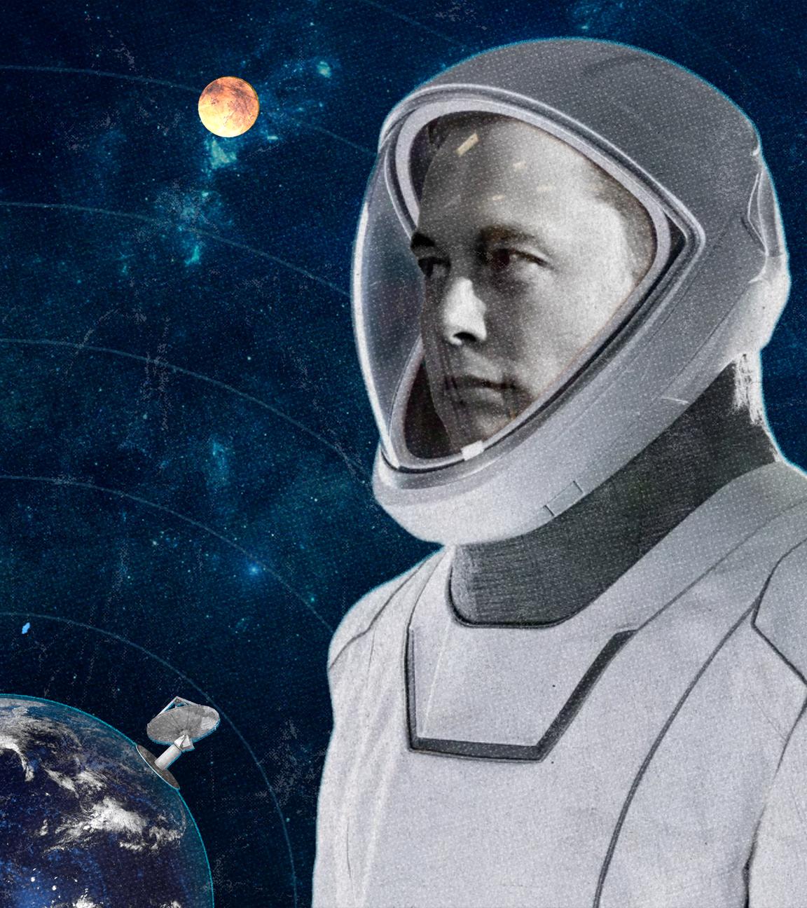 Elon Musk in einem Raumanzug blickt mit einer gläsernen Gesichtsabdeckung auf Jeff Bezos links, der einen Overall und eine Sonnenbrille trägt. Zwischen den beiden ist eine Grafik von der Erde, der Mond und dem Mars zu sehen.