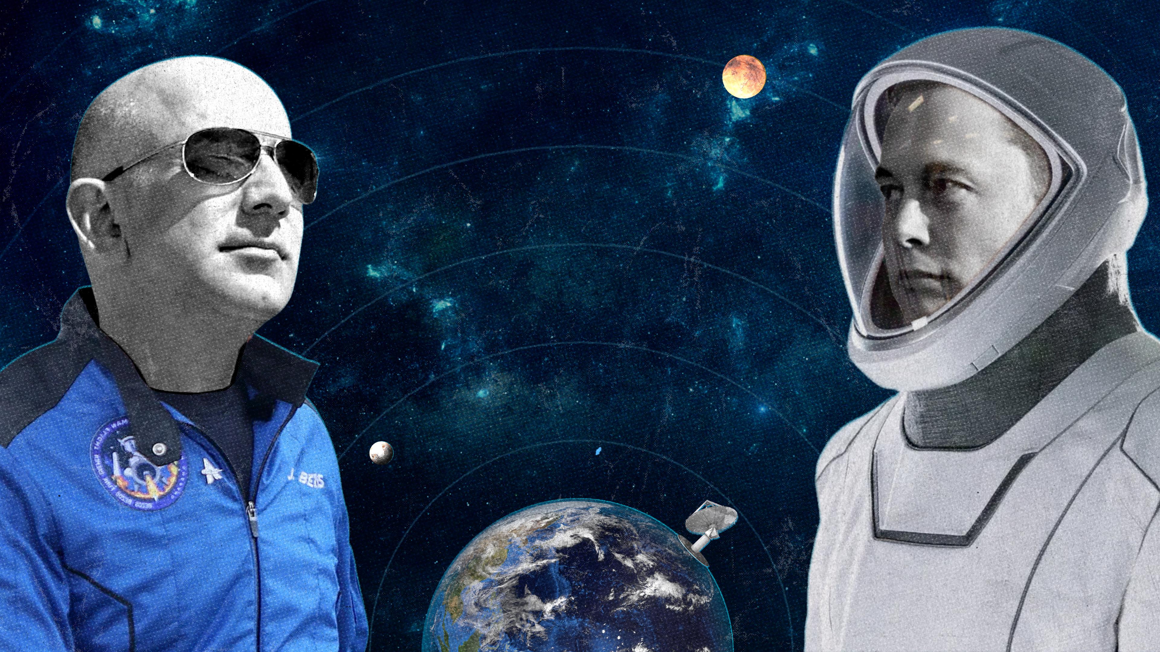 Elon Musk in einem Raumanzug blickt mit einer gläsernen Gesichtsabdeckung auf Jeff Bezos links, der einen Overall und eine Sonnenbrille trägt. Zwischen den beiden ist eine Grafik von der Erde, der Mond und dem Mars zu sehen.