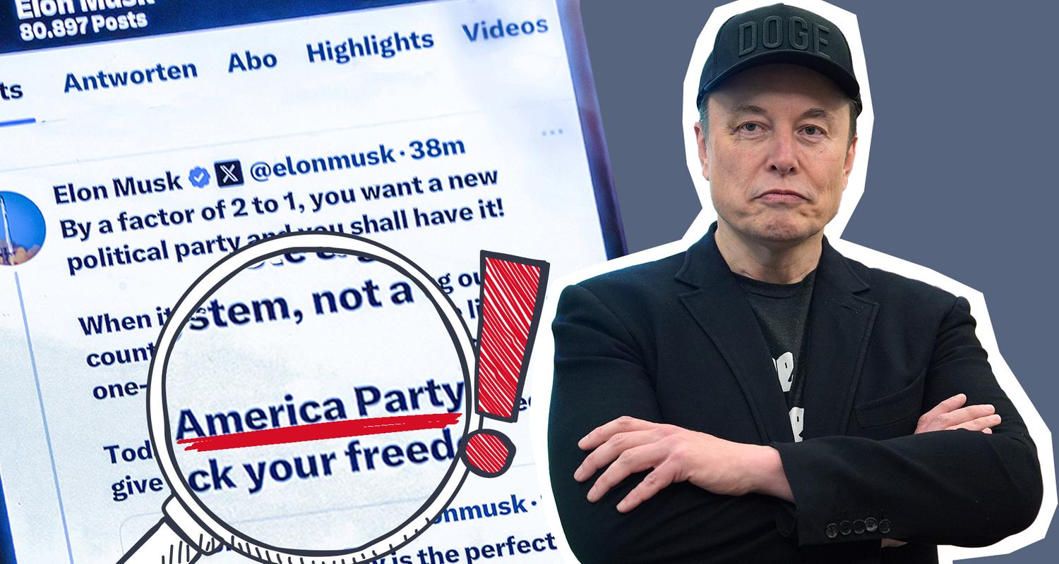 Elon Musk mit verschränkten Armen, Handy im Hintergrund mit Tweet über "America Party".