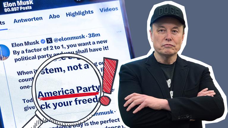 Elon Musk mit verschränkten Armen, Handy im Hintergrund mit Tweet über "America Party".