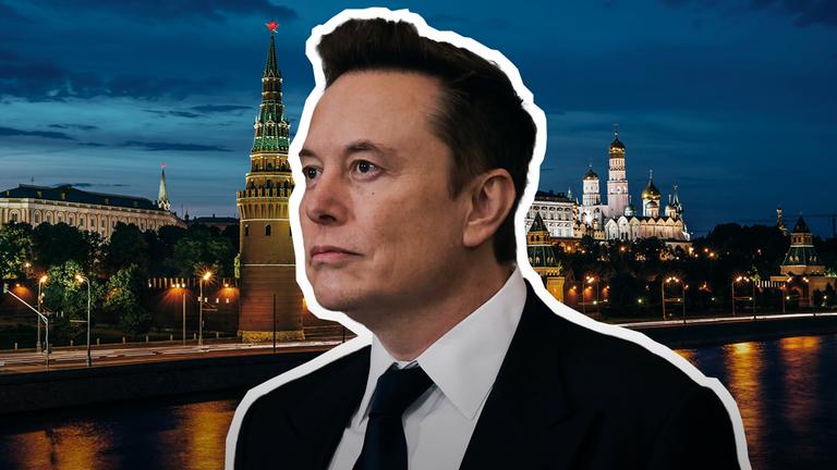Cut-Out von Elon Musk vor dem Kreml