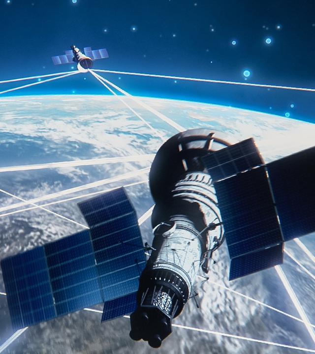 Viele miteinander verbundene Satelliten im Weltall mit der Erde im Hintergrund