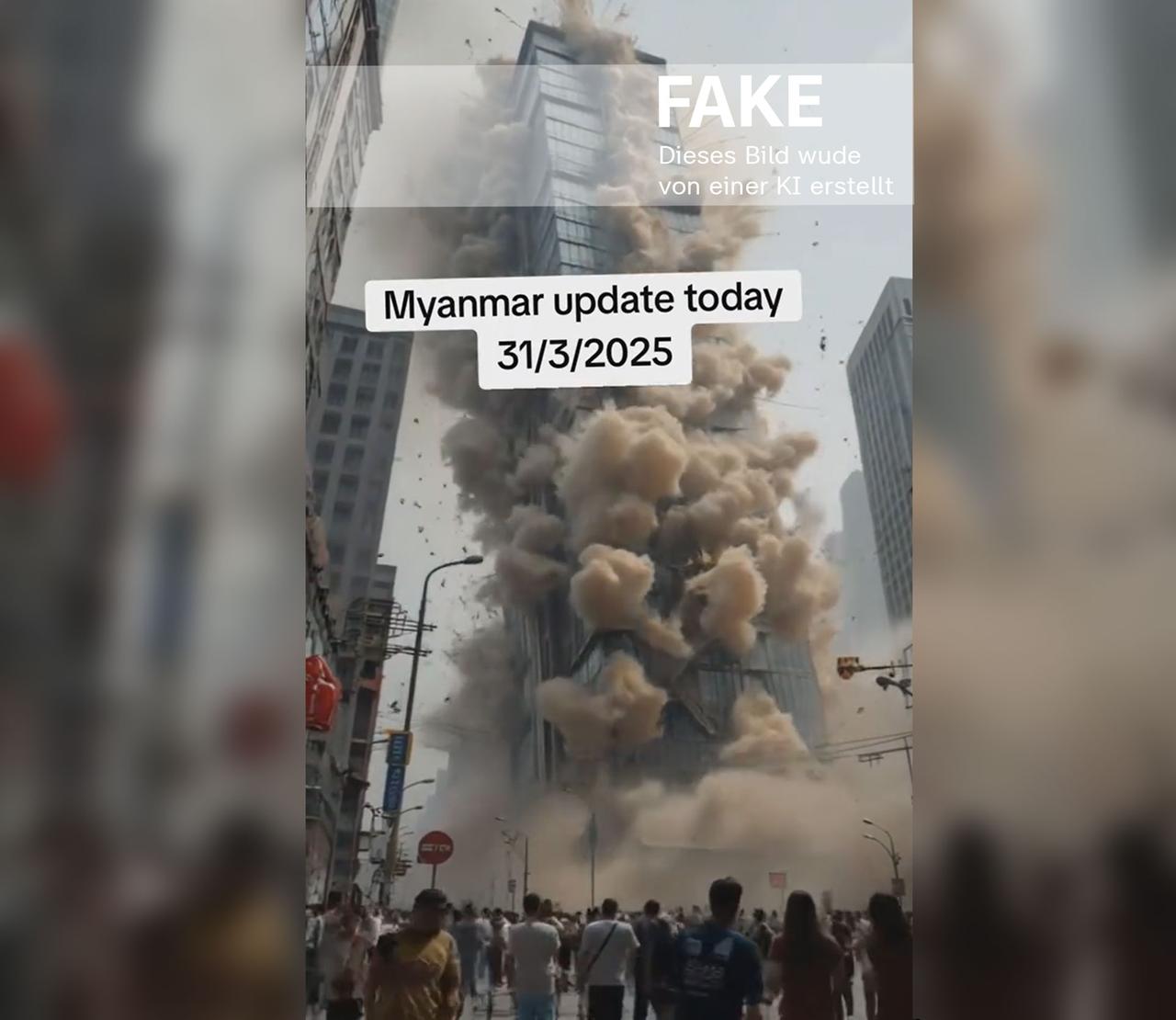 Screenshot aus einem KI-Fake-Video eines zusammenstürzenden Hauses. Auffällig ist, dass sich die gezeigten Menschen normal weiterbewegen, obwohl unmittelbar neben ihnen Trümmer zu Boden fallen.