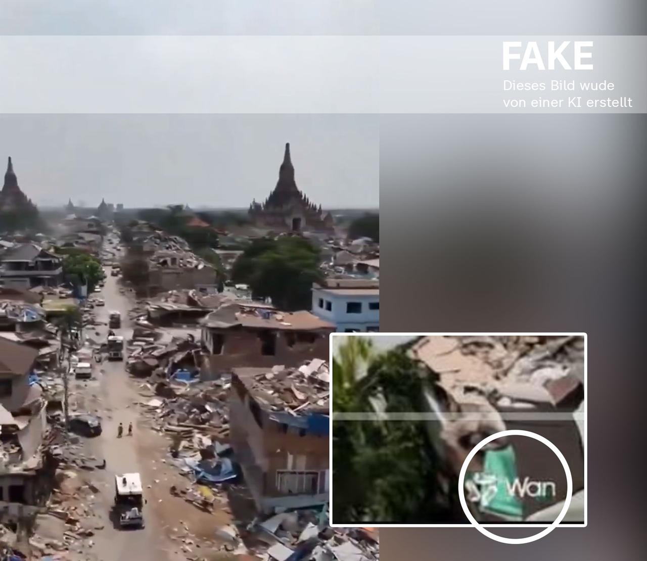 Eine gefälschte Aufnahmen von Tempelanlagen in Mandalay. In einigen Versionen des Videos ist das Wasserzeichen der KI-Software (eingekreist) noch zu sehen.