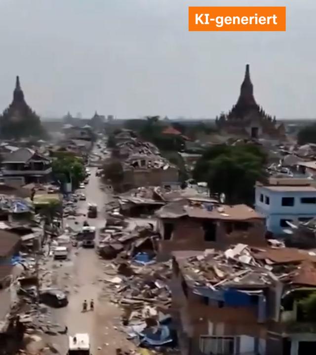 Im Netz kursieren nach den verheerenden Erdbeben in Myanmar und Thailand viele KI-Fakes. Ein Screenshot von einem KI-generierten Video.