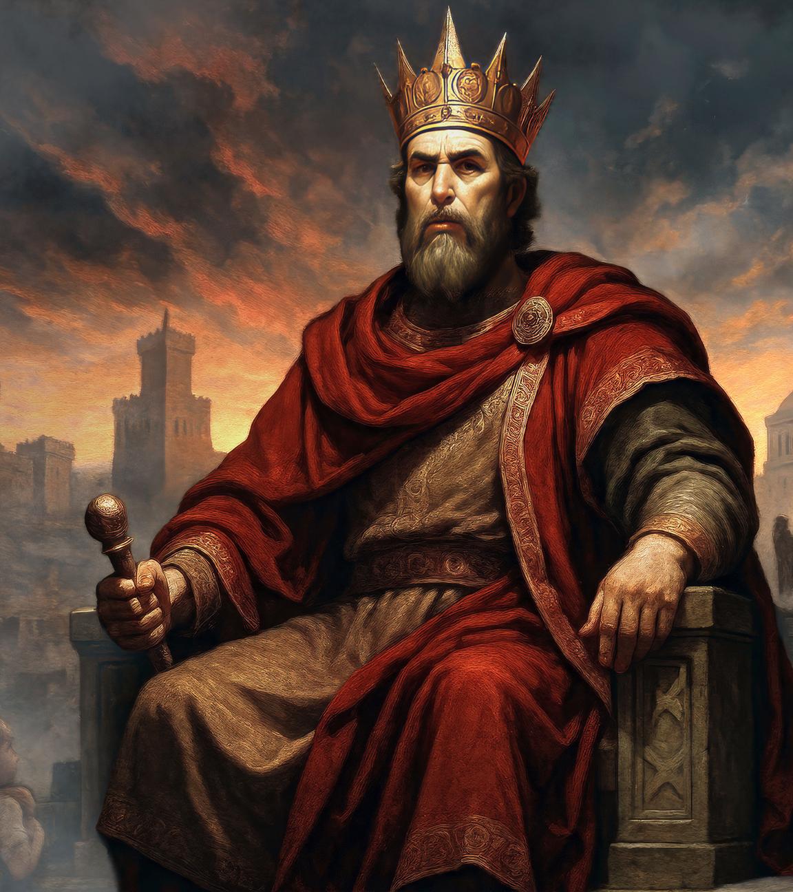 Animation: Herodes sitzt auf seinem Thron, hinter ihm liegt eine Stadt unter Gewitterwolken.