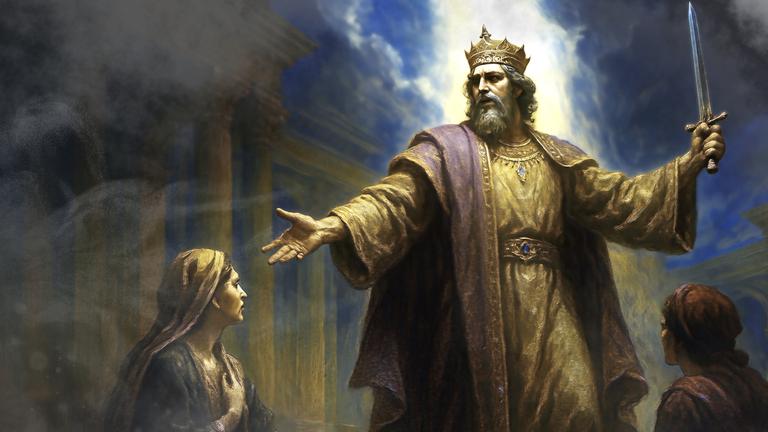 Animation: König Salomon spricht ein Urteil.