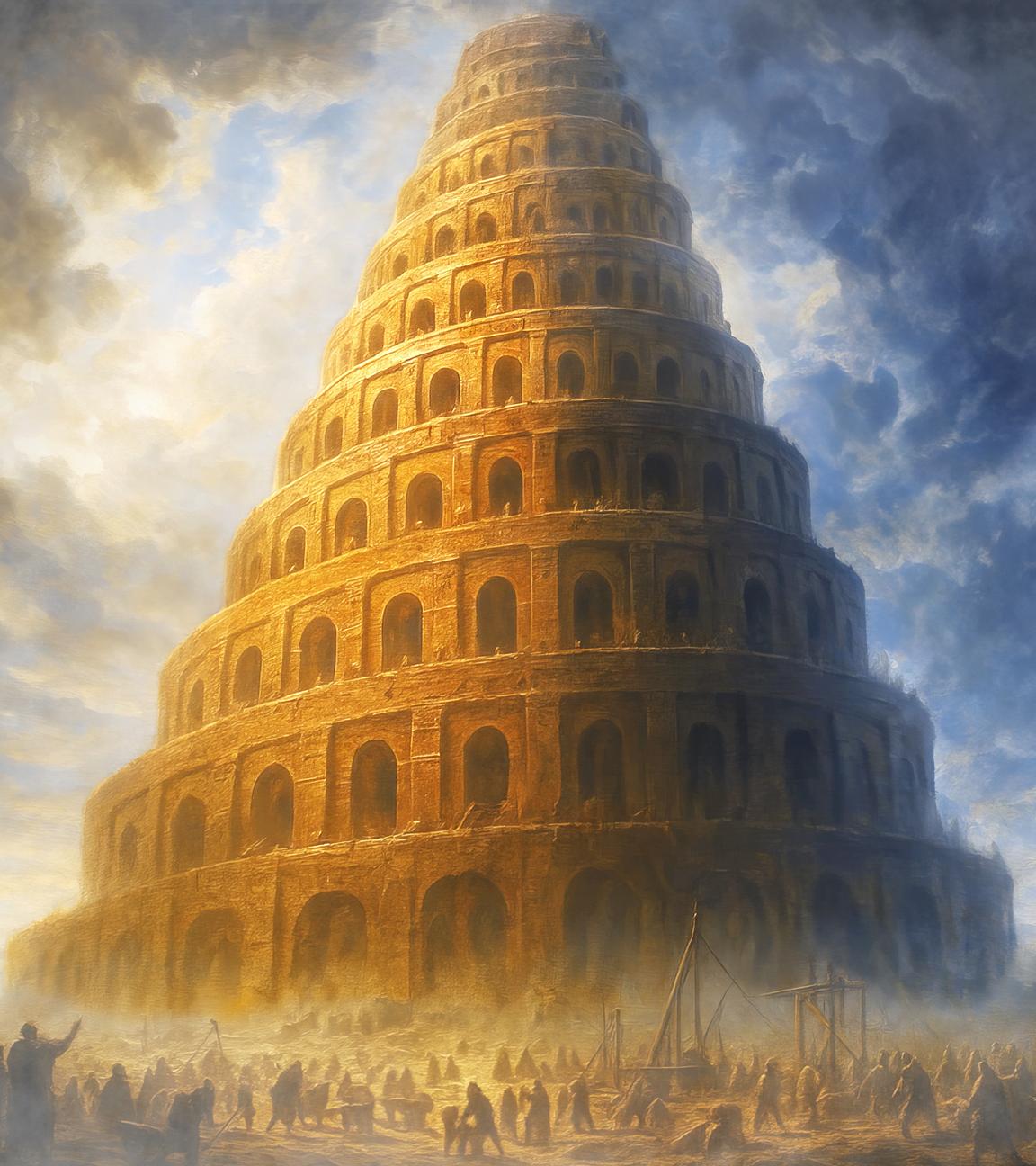 Animation: Vor einem monumentalen spiralförmiger Ziegelturm befinden sich viele Menschen, am Himmel sind dunkle Gewitterwolken.