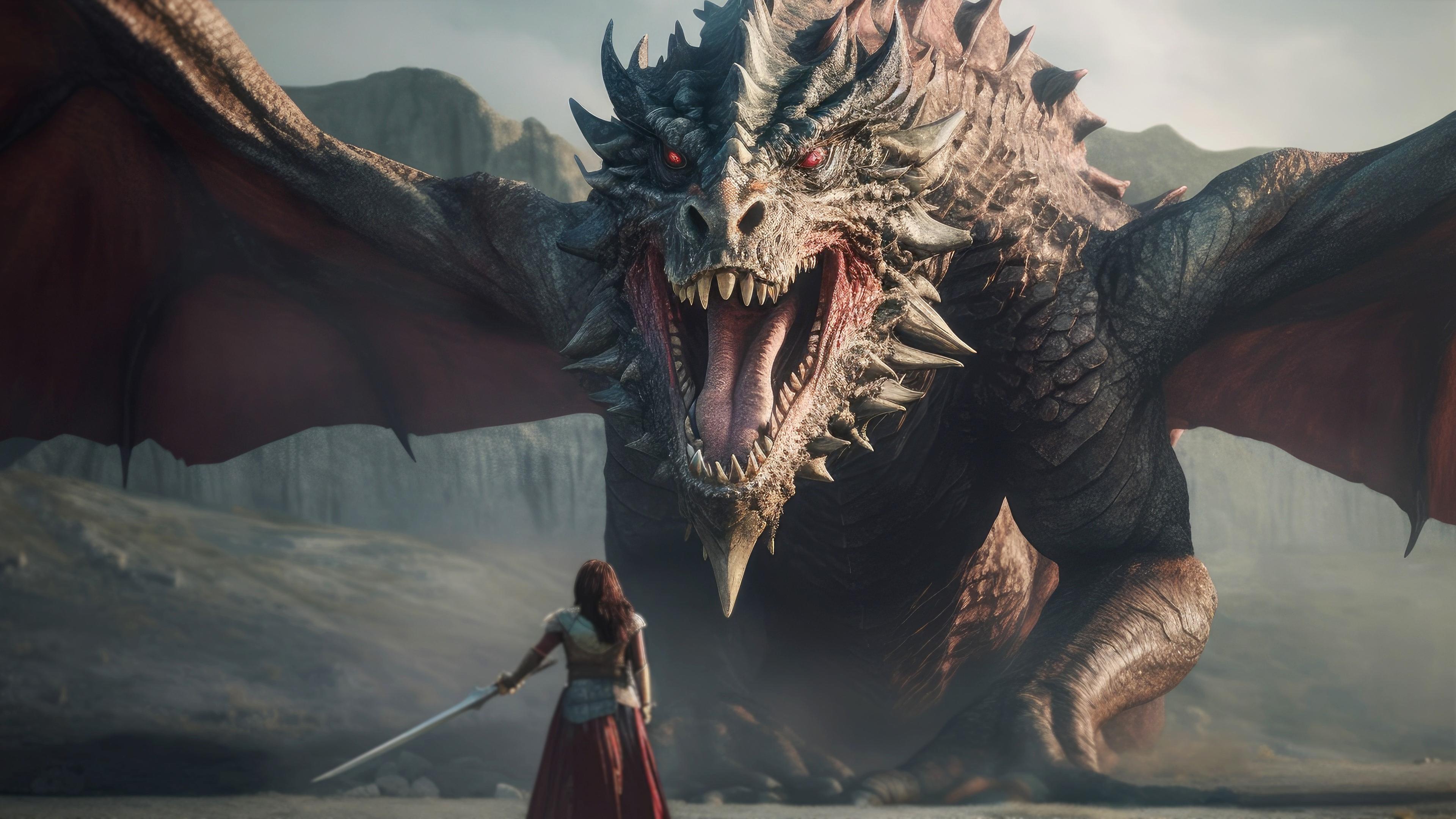 Ein Ritter steht einem gewaltigen Drachen gegenüber.