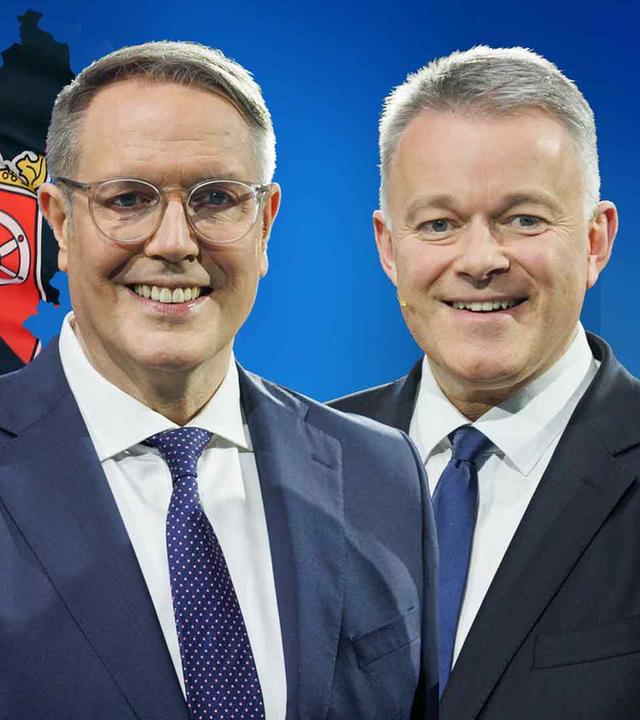 Im Hintergrund ist der Umriss von Rheinland-Pfalz, auf dem das Wappen des Bundeslandes ist. Im Vordergund steht links Alexander Schweizer (SPD) und rechts Gordon Schnieder (CDU)