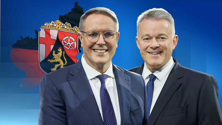 Im Hintergrund ist der Umriss von Rheinland-Pfalz, auf dem das Wappen des Bundeslandes ist. Im Vordergund steht links Alexander Schweizer (SPD) und rechts Gordon Schnieder (CDU)