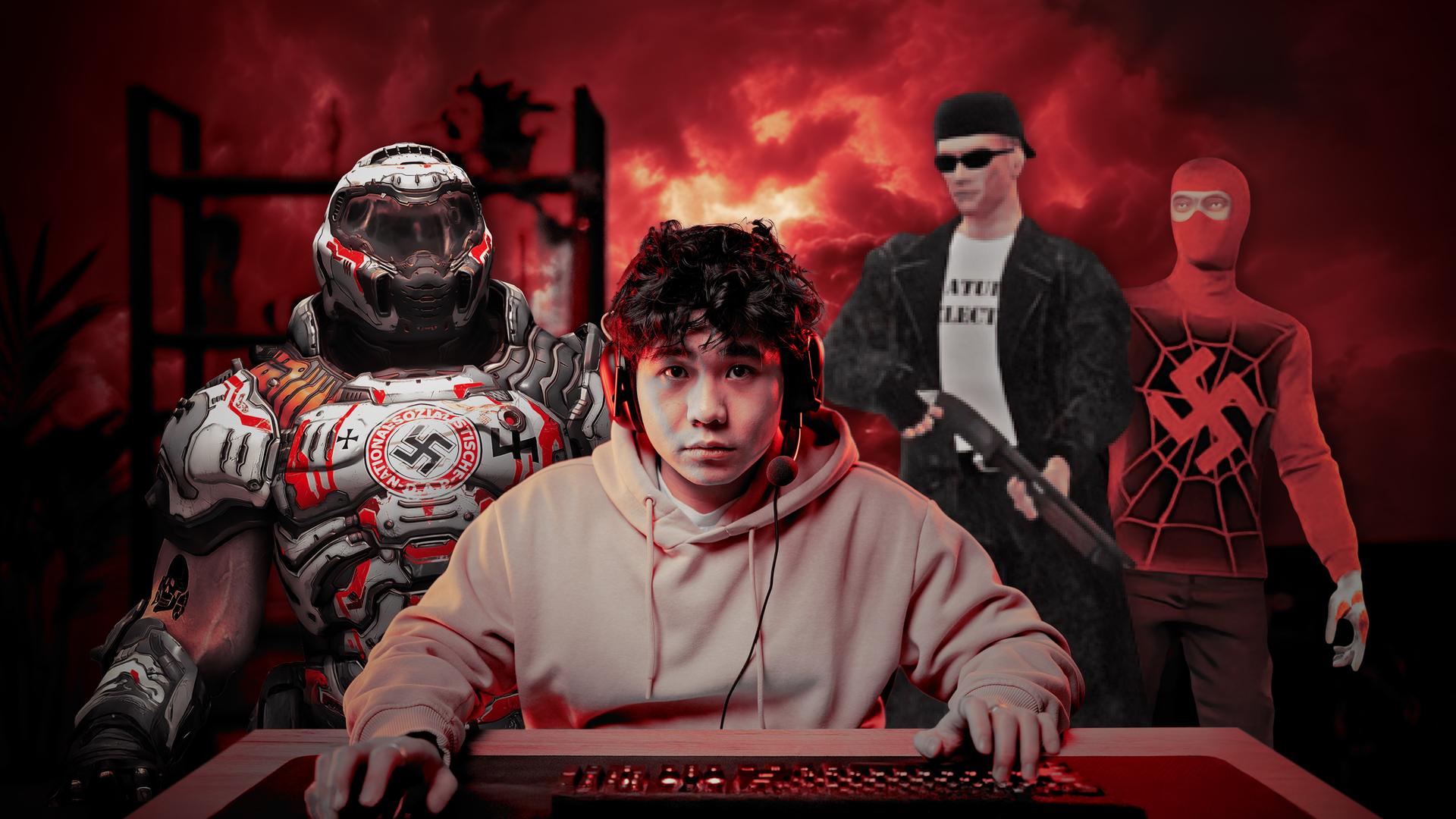 Junge spielt am Rechner, im Hintergrund rechtsextreme Symbole