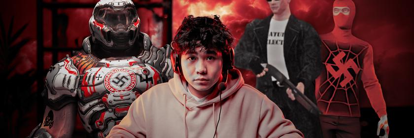 Junge spielt am Rechner, im Hintergrund rechtsextreme Symbole