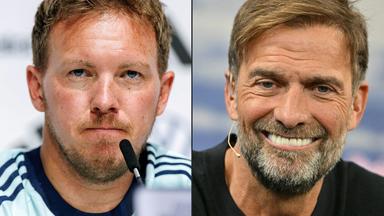 This combination of pictures created on July 03, 2026 shows then Germany's head coach Julian Nagelsmann (L) addressing a press conference on May 27, 2026 in Herzogenaurach and