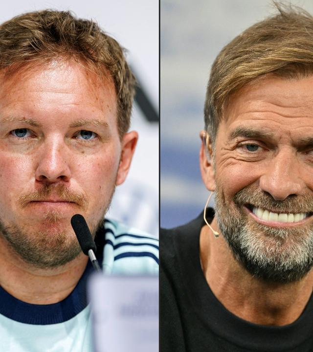 This combination of pictures created on July 03, 2026 shows then Germany's head coach Julian Nagelsmann (L) addressing a press conference on May 27, 2026 in Herzogenaurach and