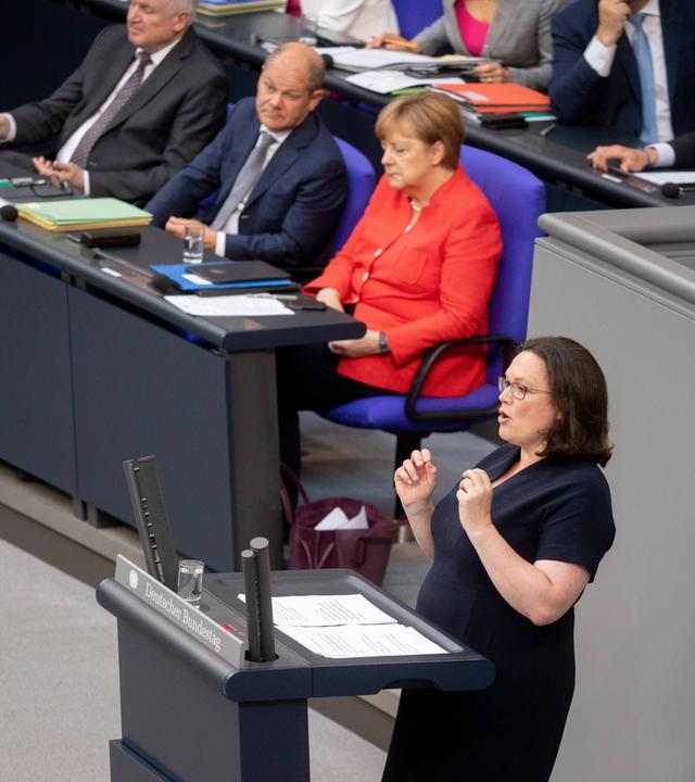 Andrea Nahles im Bundestag. Im Hintergrund sitzen Angela Merkel, Olaf Scholz und Horst Seehofer.