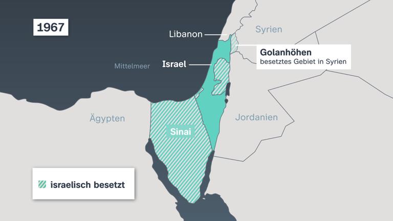 Karte von 1967 zeigt die Eroberungsgebiete von Israel. 
